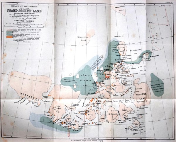Historical map of Franz Josef Land from Nansen’s In Nacht und Eis, with German labels.