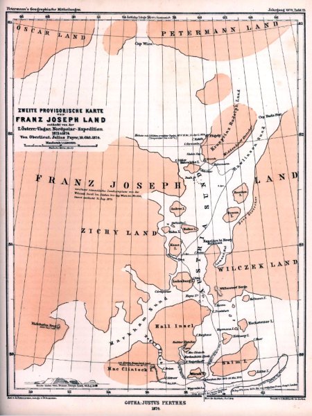 Petermann’s printed provisional map of Franz Josef Land, 1874.